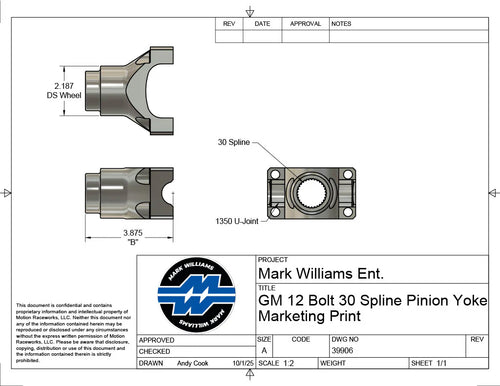 GM 12 bolt 30 spline 1350 Series Ultralight 7075 Aluminum Pinion Yoke