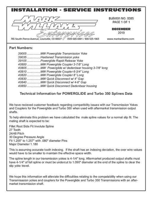 Powerglide / TH350 Slip Yoke 1350 27 Spline Extreme Duty 4340 - Quick Release